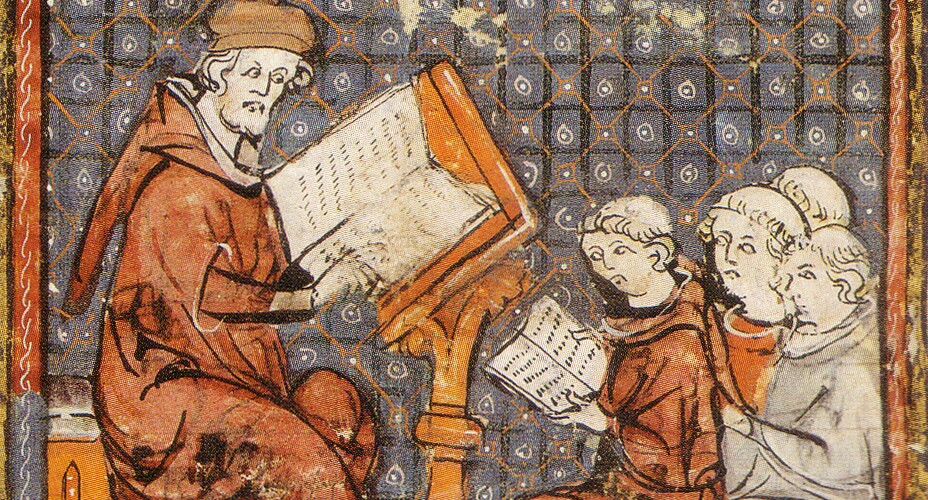 Teaching at Paris, in a late;Castres, bibliothèque municipale, ms. 3, f. 277r;domena_publiczna 14th-century Grandes Chroniques de France: the tonsured students sit on the floor